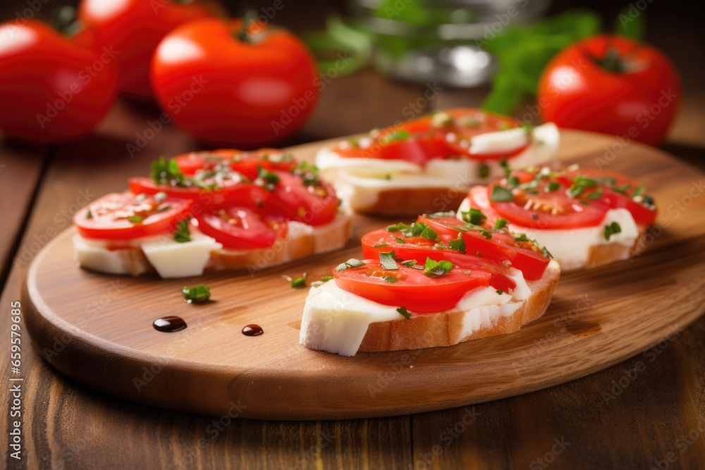 sliced mozzarella on tomato bruschetta on a wooden plank sliced mozzarella on tomato bruschetta on a wooden plank