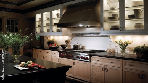 A streamlined culinary haven boasting a focal-point hood and below-cabinet illumination.