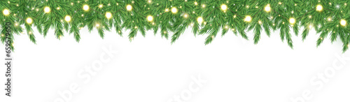 Christmas fir garland frame. Xmas tree branches with gold light. Glitter luxury decoration. Celebration party design. Golden neon bulb border. Holiday glow particle. Magic star. Vector illustration