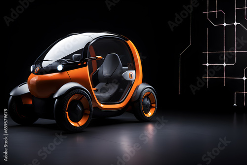 Modern mini-size electric car on black studio background, Beautiful Futuristic vehicle design, Sustainable mobility