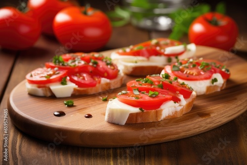 sliced mozzarella on tomato bruschetta on a wooden plank
