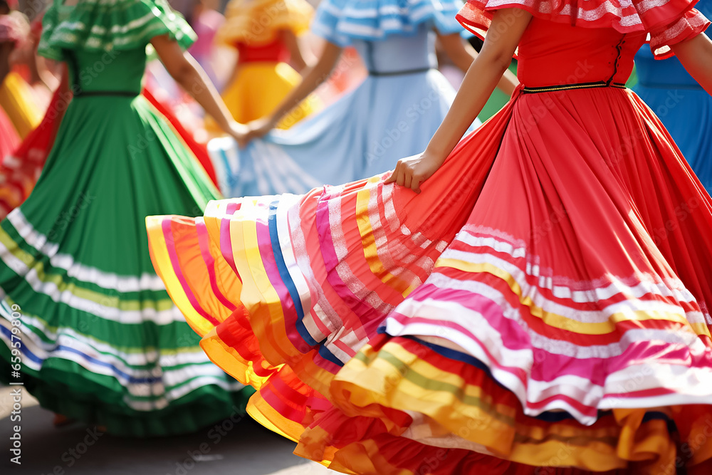 The colorful layers skirt female outfits for the cultural Mexican dance on a festival day at the public space show, Mexican folk dance. Generative AI.