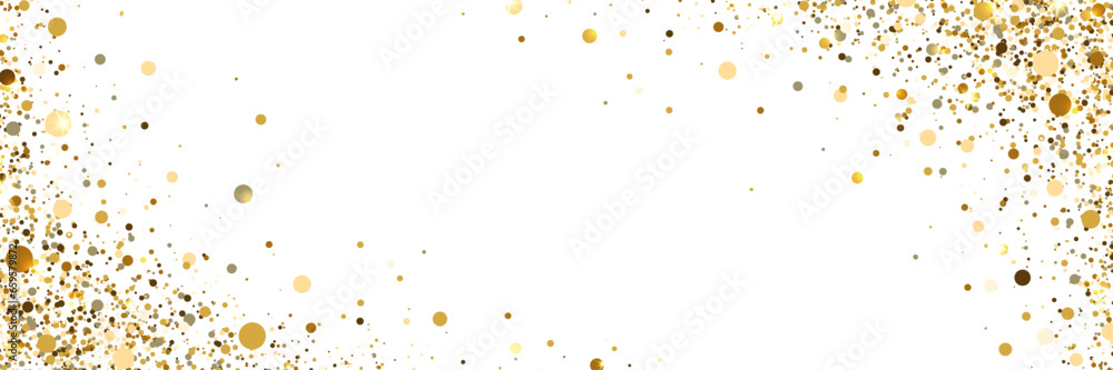 Gold glitter frame. Golden flying particle background. Sparkling paper confetti long banner. Christmas card. Luxury celebration border. Holiday party design. Magic star dust. Vector illustration - obrazy, fototapety, plakaty 