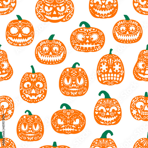 Halloween mexican pumpkins seamless pattern. Day of the Dead Dia De Los Muertos holiday vector background of orange pumpkins with carved faces  smiles and papel picado paper cut ornaments