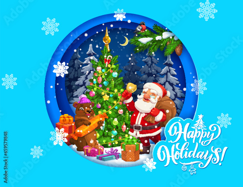 Christmas paper cut greeting with cartoon Santa and bear characters near holiday pine tree. Vector 3d effect card with layered frame, Father Noel and funny animal near decorated spruce in night wood