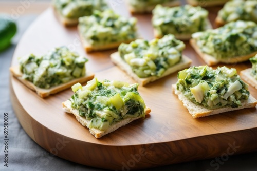 pale green spinach and artichoke dip spread across small squares of warm bruschetta