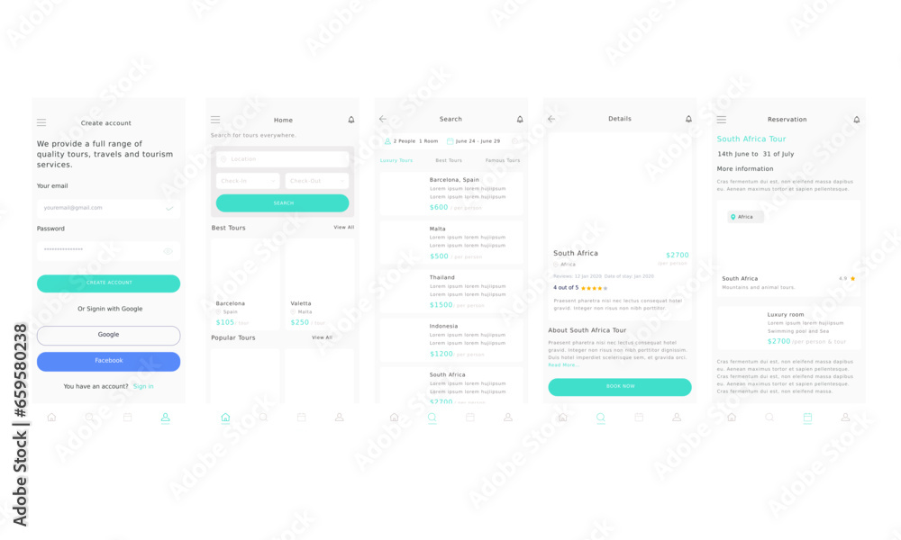 Tours and trips in Africa, USA & Europe & Tourism Booking Cyan App Ui Kit Template Tours and trips in Africa, USA & Europe & Tourism Booking Cyan App Ui Kit Template