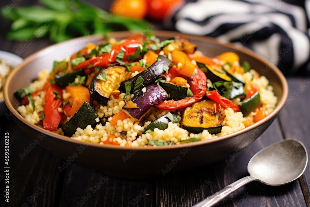 grilled summer veggies mixed with couscous in a bowl grilled summer veggies mixed with couscous in a bowl