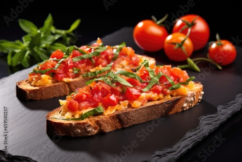 tomato bruschetta decorated with fresh basil leaves on slate surface