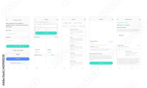 Tours and trips in Africa, USA & Europe & Tourism Booking Cyan App Ui Kit Template