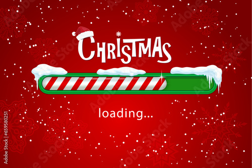 Christmas loading bar with candy cane slider, snow and Santa hat. Holiday vector Xmas or New Year load countdown on red background with snowflakes. Winter eve coming soon greeting card or web design