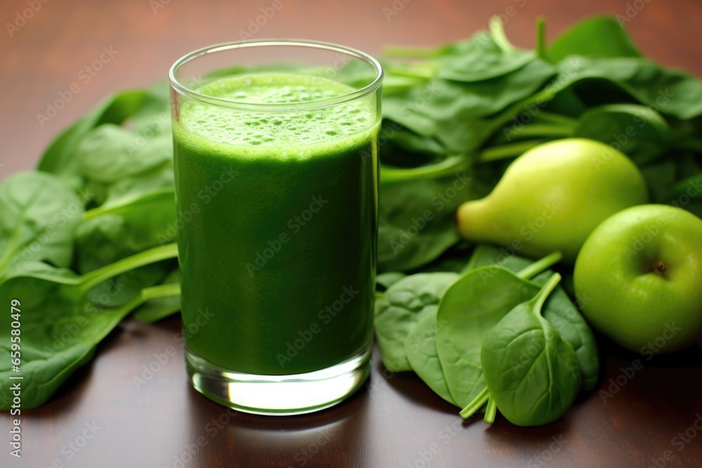 green juice in a clear glass next to assorted green fruits green juice in a clear glass next to assorted green fruits