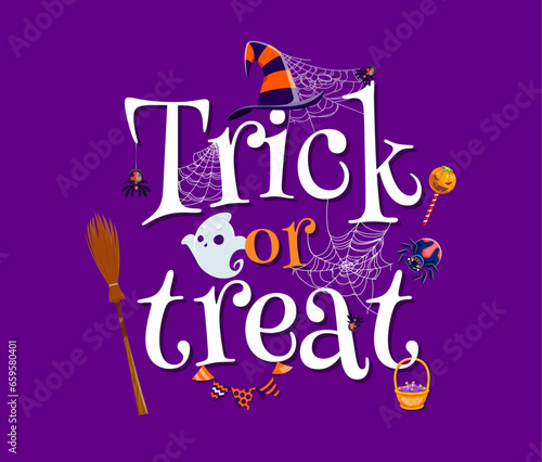 Trick or treat Halloween holiday banner with cobweb, spiders and kawaii ghosts vector characters. Cartoon horror night monsters, witch hat, broom, trick or treat candies, lollipops and flags garland