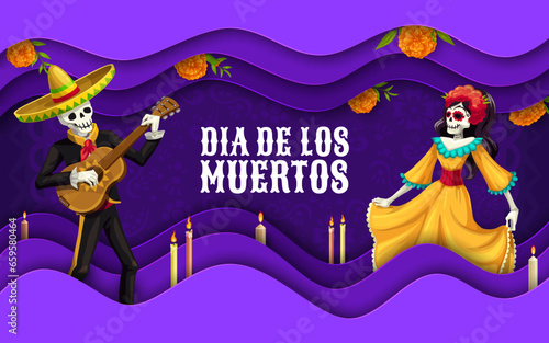Day of the Dead Dia De Los Muertos paper cut banner with marigold flowers, Catrina and mariachi musician cartoon characters. Mexico Halloween holiday vector card, wavy borders of 3d papercut layers