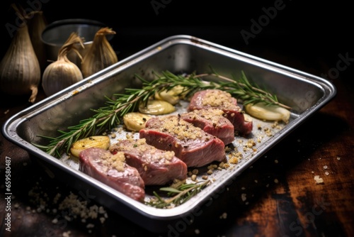 tender lamb fillet with crushed garlic and dried rosemary in a roasting tin