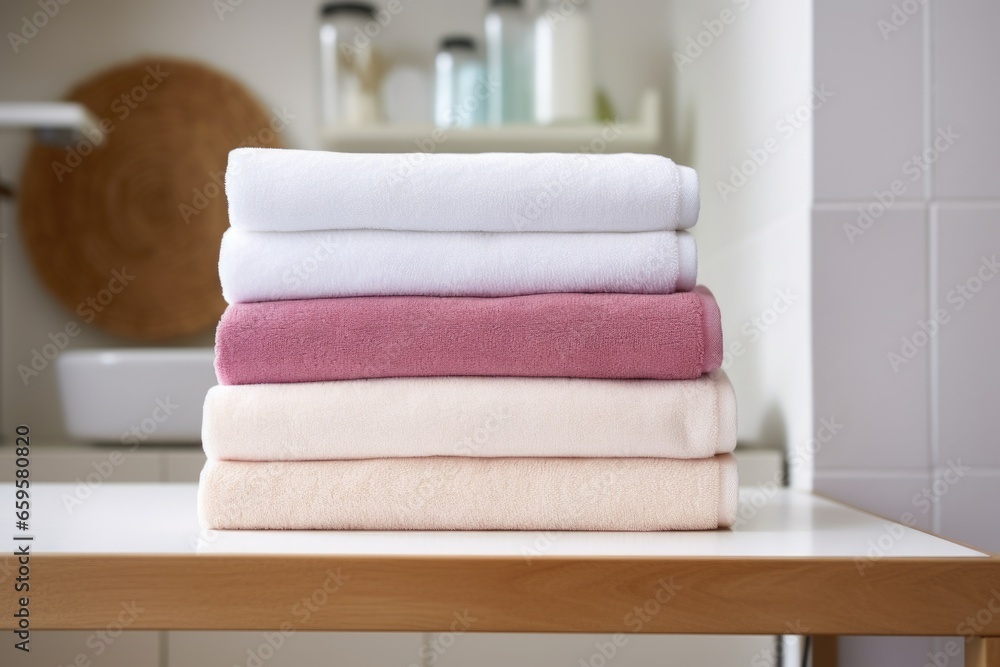neat stack of three folded towels on bathroom shelf neat stack of three folded towels on bathroom shelf