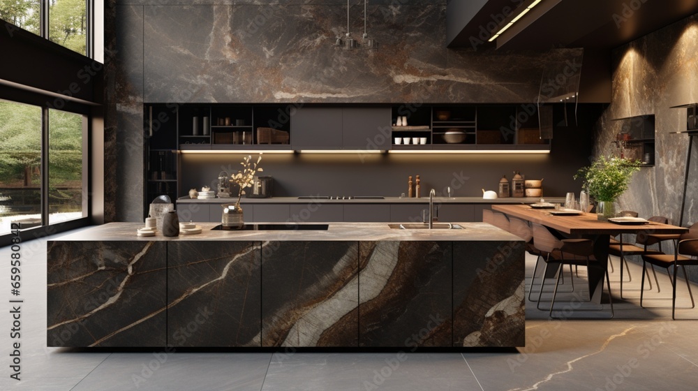 A stylish kitchen boasting a combination of natural stone and glossy finishes.