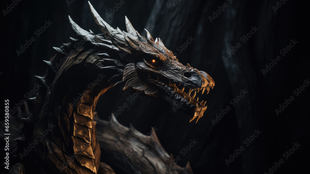 Giant wooden sculpture of dragon's head with open mouth on dark dramatic background. Dark skin and sharp thorns Giant wooden sculpture of dragon's head with open mouth on dark dramatic background. Dark skin and sharp thorns