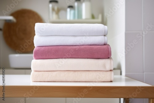 neat stack of three folded towels on bathroom shelf