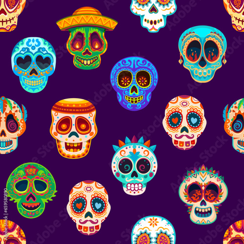 Day Of Dead Mexican calavera sugar skulls seamless pattern. Dia de Los Muertos holiday fabric print, Mexican seamless wallpaper or textile colorful background with ornate funny calavera skulls © Vector Tradition