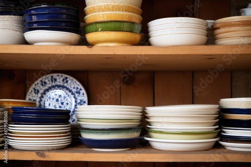 ceramic plates stacked neatly on a wooden shelf