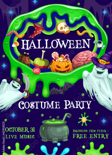 Halloween party flyer with green slime blobs, holiday sweets and ghosts cartoon characters. Trick or treat horror night monsters vector personages of ghosts, witch potion cauldron, candies and cakes © Vector Tradition