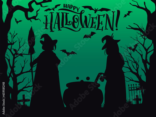 Halloween landscape, witch silhouettes with cauldron on cemetery. Vector holiday banner with bewitching spooky hag shadows stirring pot and cooking brew on graveyard with mysterious green eerie light