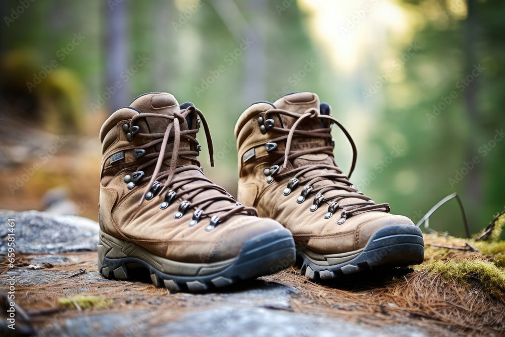hiking boots on a mountain trail hiking boots on a mountain trail