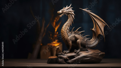 Giant wooden sculpture of dragon, casting flame on dark dramatic background. Dark skin and sharp thorns © NK Project