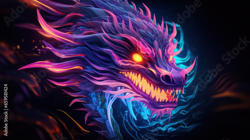 Colorful abstract neon dragons head with fiery eyes, art illustration on dark background