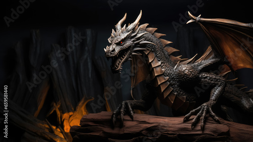 Giant wooden dragon sculpture on dark dramatic background. Dark skin and sharp thorns