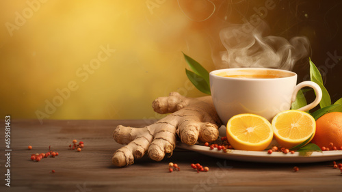 Cup of warm ginger tea with orange on wooden table. Herbal tea light color background advertisiment photo