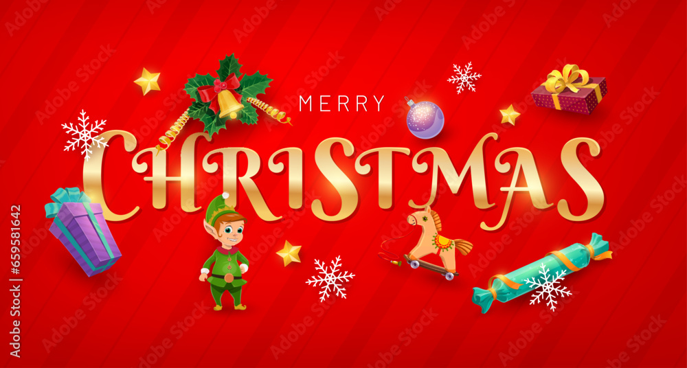 Naklejka premium Golden Christmas lettering banner. Vector holiday greeting card with sparkling lights, gift boxes, elf, bauble, sweets and snowflake on red background with festive striped ornament and holly leaves