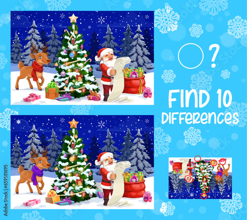 Find ten differences Christmas game worksheet. Winter holiday, Christmas difference search puzzle or vector matching quiz vector worksheet. Xmas objects comparing game with cartoon Santa and reindeer