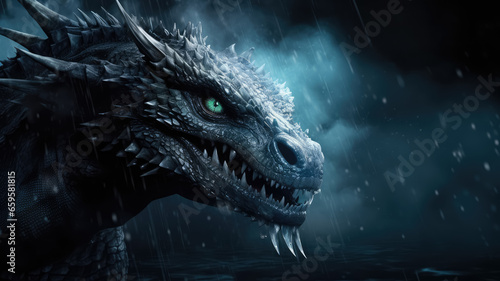 Frozen water dragon head, with cold eyes on dark dramatic background. Dark skin and sharp thorns © NK Project