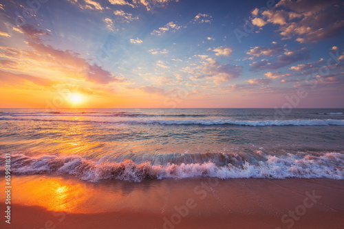 Beautiful cloudscape over ocean waves and tropical beach  sea horizon at sunrise