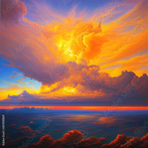 Beautiful sunset sky above clouds with dramatic light. Yellow, orange, red clouds above the horizon. Beautiful evening sky landscape. Sunset over the sea. Generated by artificial intelligence. © Iuliia
