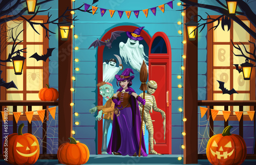 Halloween holiday characters on the scary house door porch. Vector trick or treat horror night poster with cartoon ghosts, pumpkins and witch, zombie, bats and mummy personages, cobweb, flag garlands