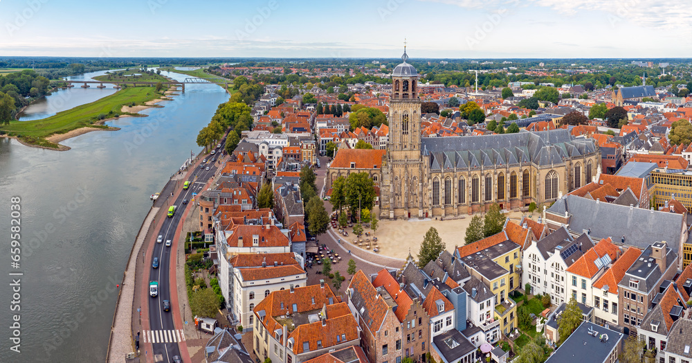Aerial from the historical town Deventer in the Netherlands - obrazy, fototapety, plakaty 