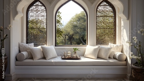 A window alcove featuring built-in seating and adorned with patterned cushions.