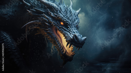 Giant water dragon head, casting flame on dark dramatic background. Dark skin and sharp thorns