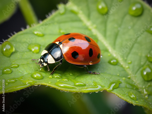 Close-up of a ladybug perched on a leaf with vibrant colors and detailed texture.