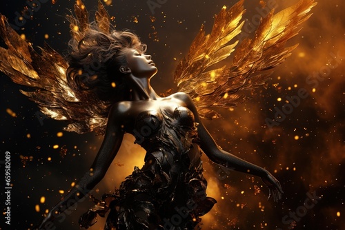 Gorgeus Fairy, Angel Woman with Golden Wings over a Golden Firy Background. Fire Particles Overlay. photo