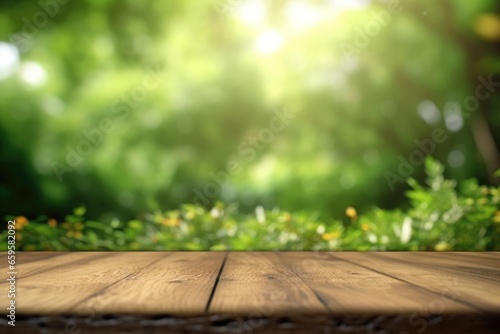 Empty Wooden table and blurred green nature garden background. Generative AI image weber.