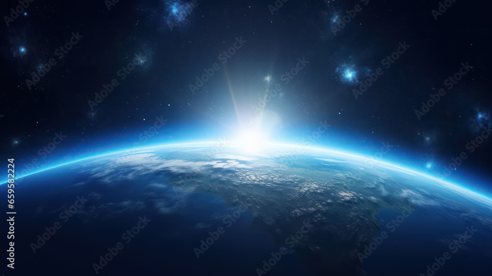 Space planet earth with blue energy pulses around and light peeking out. Universe science astronomy space dark background wallpaper