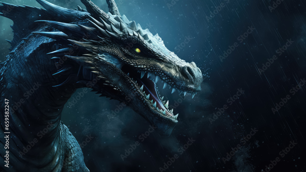Frozen water dragon head, with cold eyes and open mouth on dark dramatic background. Dark skin and sharp thorns