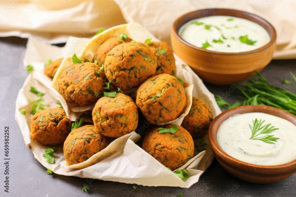 falafel balls in a paper package with tahini sauce for dipping falafel balls in a paper package with tahini sauce for dipping