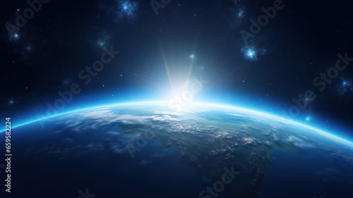 Space planet earth with blue energy pulses around and light peeking out. Universe science astronomy space dark background wallpaper © NK Project