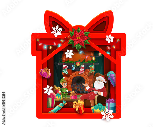 Christmas paper cut present box and Santa in chair, double exposition. Vector 3d layered frame in shape of gift with bow and funny Father Noel drinking tea near fireplace at holiday eve night