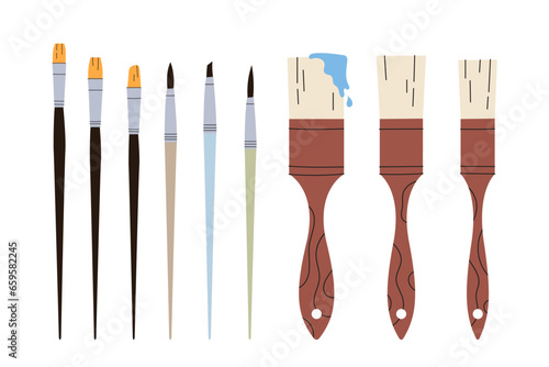 Brown and multicolor paint pen with a red spot of paint. Set tool for the work of an artist, hairdresser. Vector stock illustration on isolated white background. Construction brushes for painting.